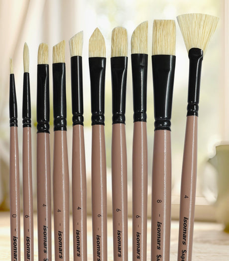 Saphire Professional Paint Brush Set of 10 | Mixed Long Handle Hog Hair Artist Brushes for Acrylic & Oil Painting | Filbert, Fan, Angular, Flat, Round, Deer Foot, Dagger, Cat’s Tongue Canvas Brush Set - Isomars