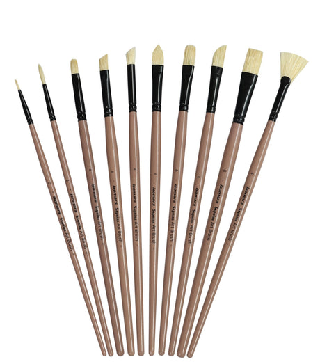 Saphire Professional Paint Brush Set of 10 | Mixed Long Handle Hog Hair Artist Brushes for Acrylic & Oil Painting | Filbert, Fan, Angular, Flat, Round, Deer Foot, Dagger, Cat’s Tongue Canvas Brush Set - Isomars