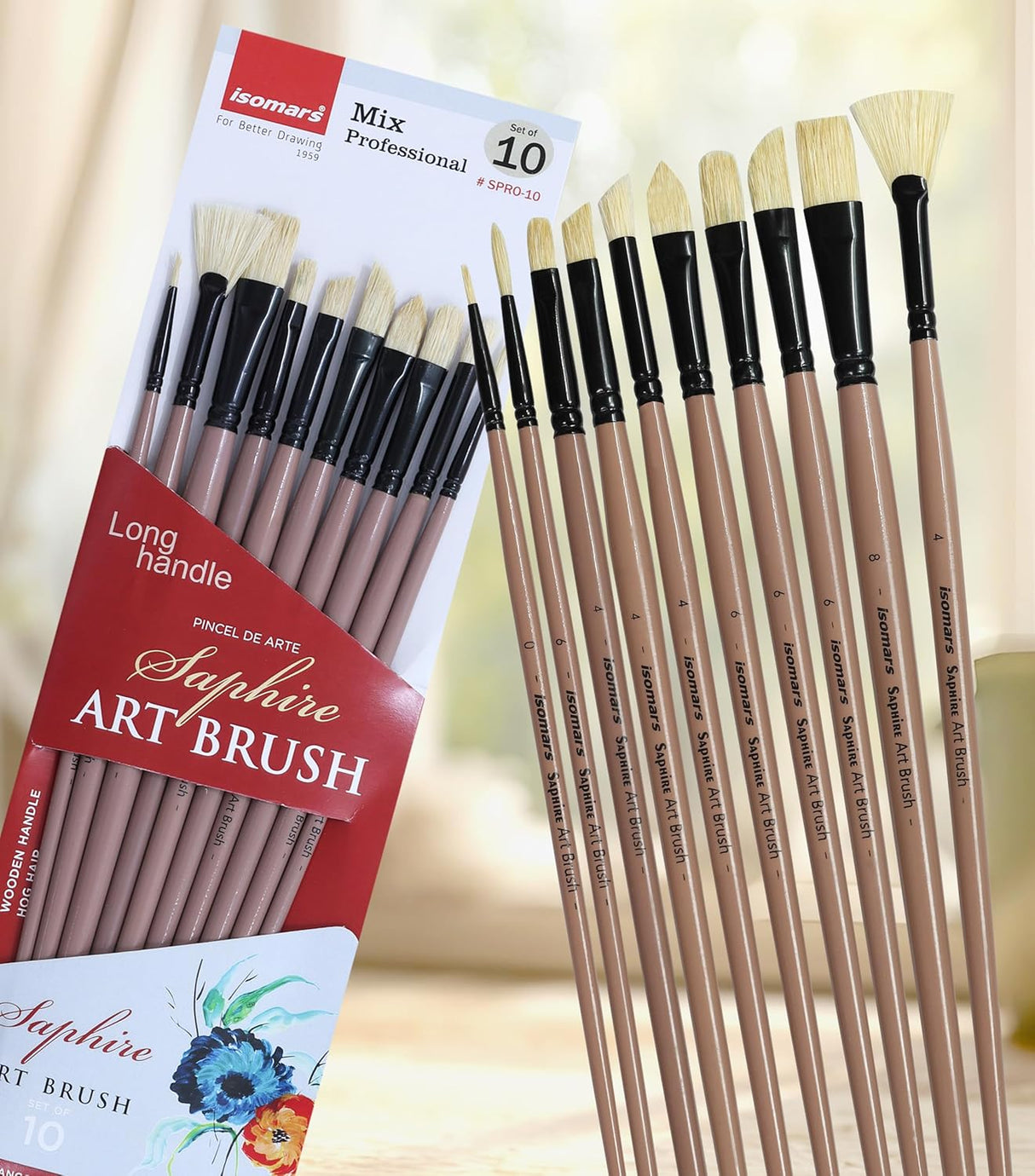 Saphire Professional Paint Brush Set of 10 | Mixed Long Handle Hog Hair Artist Brushes for Acrylic & Oil Painting | Filbert, Fan, Angular, Flat, Round, Deer Foot, Dagger, Cat’s Tongue Canvas Brush Set - Isomars