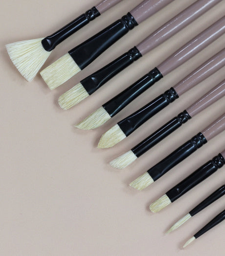 Saphire Professional Paint Brush Set of 10 | Mixed Long Handle Hog Hair Artist Brushes for Acrylic & Oil Painting | Filbert, Fan, Angular, Flat, Round, Deer Foot, Dagger, Cat’s Tongue Canvas Brush Set - Isomars