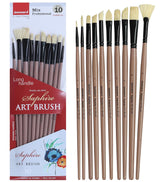 Saphire Professional Paint Brush Set of 10 | Mixed Long Handle Hog Hair Artist Brushes for Acrylic & Oil Painting | Filbert, Fan, Angular, Flat, Round, Deer Foot, Dagger, Cat’s Tongue Canvas Brush Set - Isomars