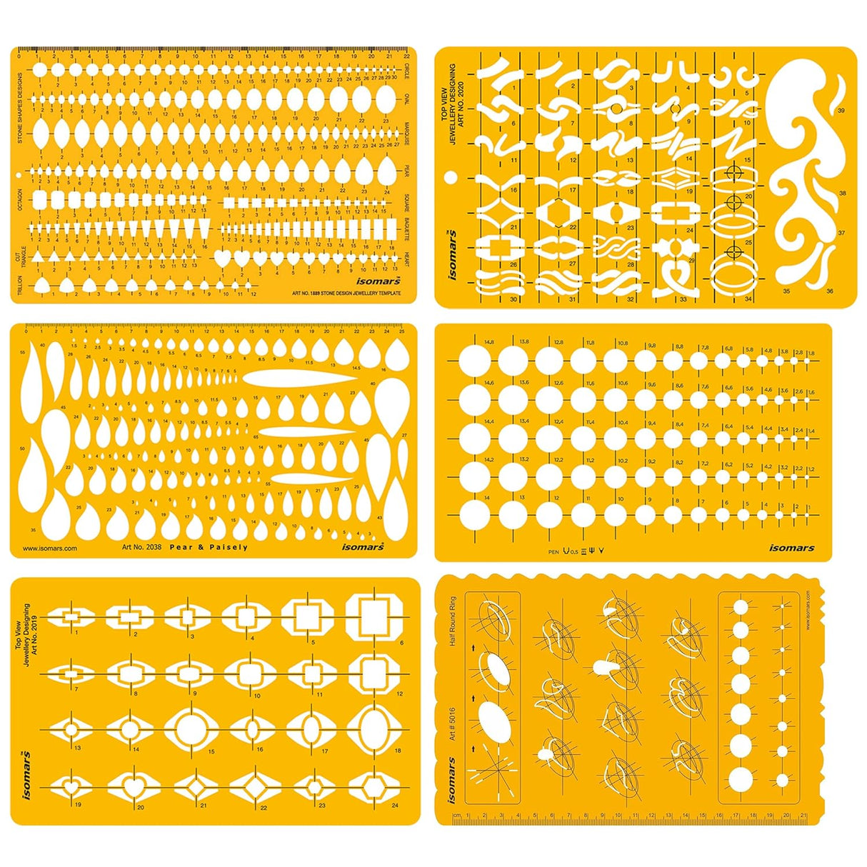 Isomars Jewellery Designing Drawing Drafting Template Set of 6 | Professional Transparent Jewellery Sketching & Rendering Stencil Kit for Ring, Pendant, Earring, Bracelet & Ornament Design