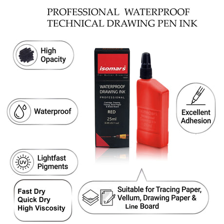 Technical Drawing Pen Ink 25ml | Waterproof High Opacity Ink for Rapidograph Pens, Drafting, Illustration & Calligraphy (Multi Colors) - Isomars