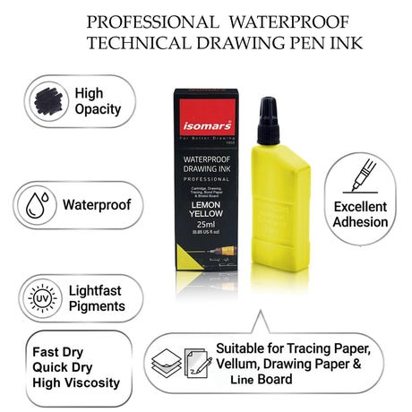 Technical Drawing Pen Ink 25ml | Waterproof High Opacity Ink for Rapidograph Pens, Drafting, Illustration & Calligraphy (Multi Colors) - Isomars