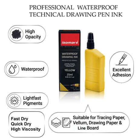 Technical Drawing Pen Ink 25ml | Waterproof High Opacity Ink for Rapidograph Pens, Drafting, Illustration & Calligraphy (Multi Colors) - Isomars
