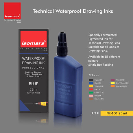 Technical Drawing Pen Ink Blue 25ml | Waterproof High Opacity Ink for Rapidograph Pens, Drafting, Illustration & Calligraphy - Isomars