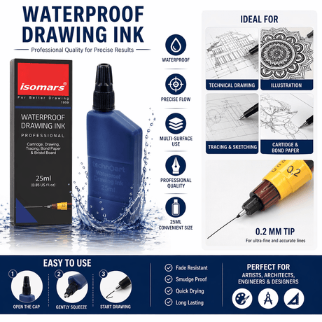 Technical Drawing Pen Ink Blue 25ml | Waterproof High Opacity Ink for Rapidograph Pens, Drafting, Illustration & Calligraphy - Isomars