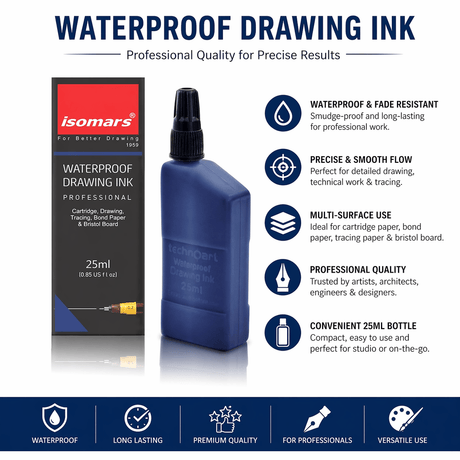 Technical Drawing Pen Ink Blue 25ml | Waterproof High Opacity Ink for Rapidograph Pens, Drafting, Illustration & Calligraphy - Isomars