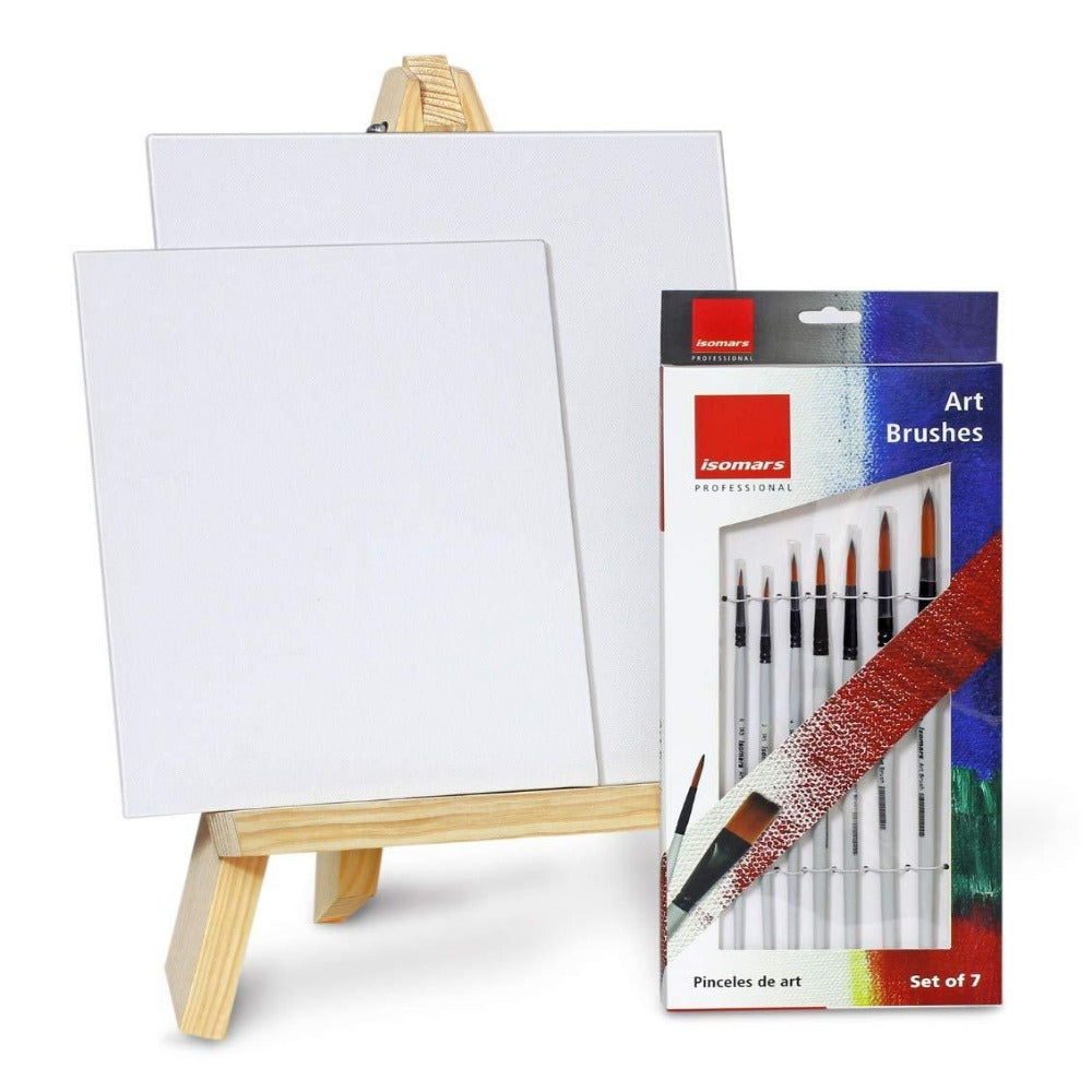 Artist Wooden Easel with Round Brush (Set of 7) & Canvas Boards