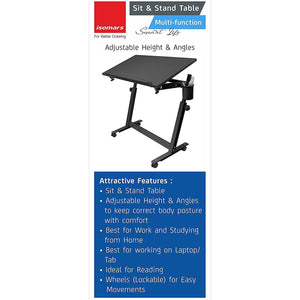 Isomars Multipurpose Laptop Table Study Desk Drawing Table, Caster Lockable Wheels, Adjustable Height and Angle for Work from Home, Office, Bedroom - Black (Alloy Steel)