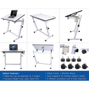 Isomars Multipurpose Laptop Table Study Desk Drawing Table, Caster Lockable Wheels, Adjustable Height and Angle for Work from Home, Office, Bedroom