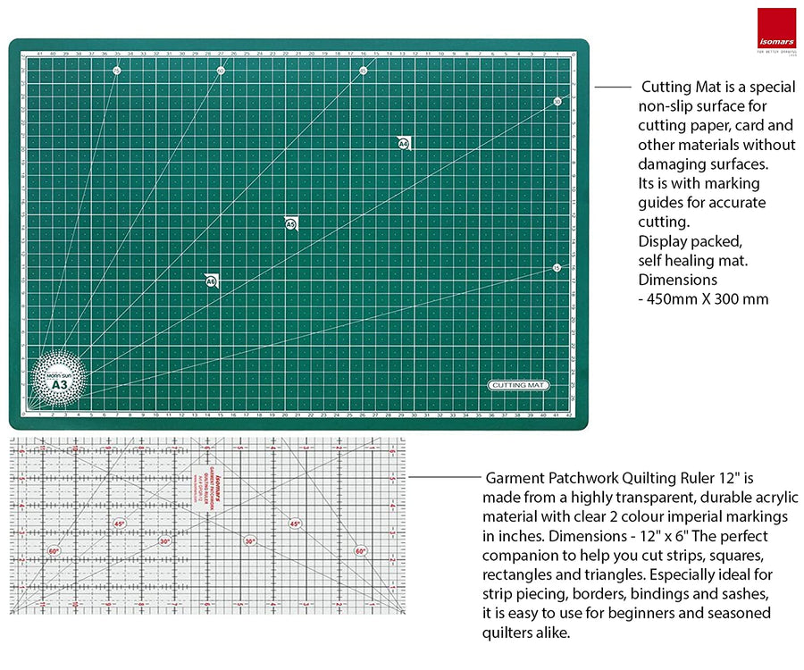 Garment Patchwork Quilting Ruler (12") with Cutting Mat A3