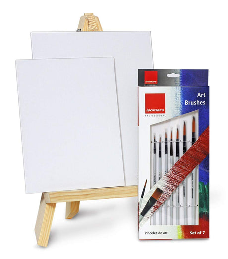 Artist Wooden Easel with Sketch Pad, Round Brush (Set of 7) & Canvas Boards - Isomars