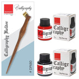 Calligraphy Holder Set: Rosewood with Brass Flange and Black & Red Calligraphy Inks - Isomars