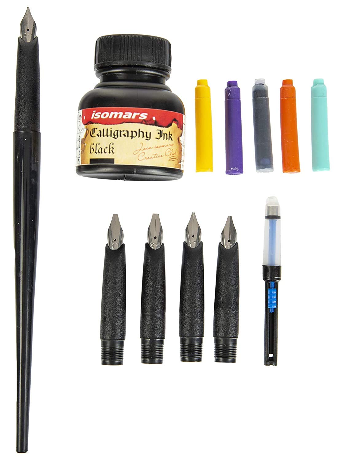 Calligraphy Pen Set: 5 Nibs, Ink Cartridges, Converter, and Ink - Isomars