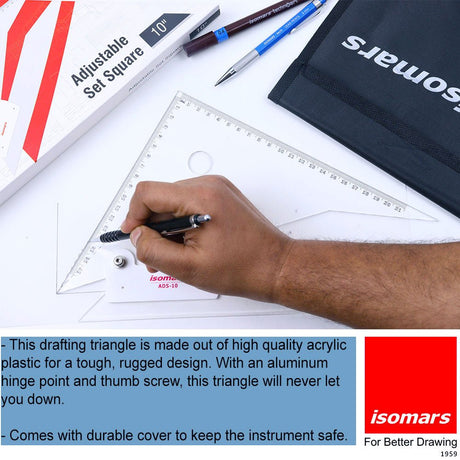 Isomars Adjustable Set Square 10 Inch with Safety Cloth Cover | Transparent Acrylic Drafting Triangle | Adjustable Angle Ruler for Technical Drawing, Engineering, Architecture, Drafting & Students - Isomars