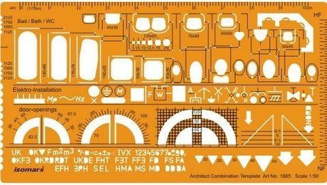 Isomars Architect Combination Template 1:50 Scale (Art 1885) | Architectural Drawing & Drafting Stencil for Floor Plans, Bathroom Fixtures, Electrical Symbols, Doors & House Design - Isomars