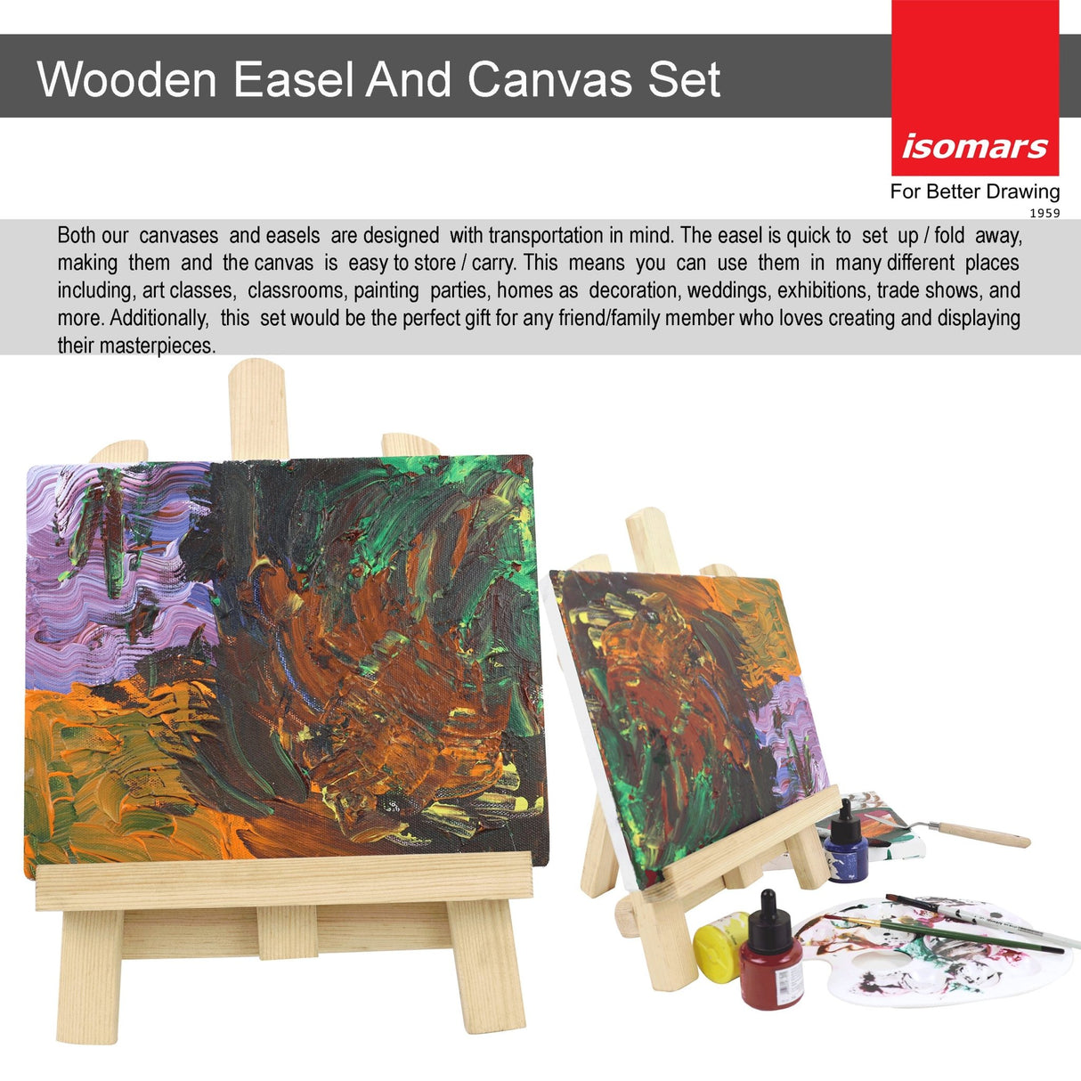 Isomars Artists Kit - Set of Wooden Easel and Canvas - Display Stand and Display / Painting Board Combo - Isomars