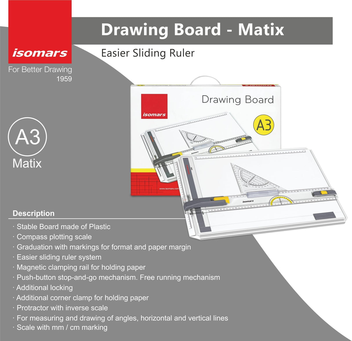Isomars Drawing & Drafting Board Matic (A3 size - 16'' x 21'') - Isomars