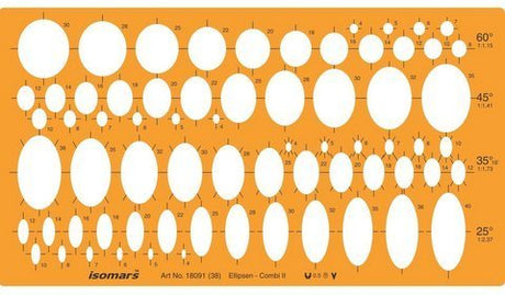 Isomars Ellipse Drafting Template (Art 18091) – 69 Ellipses in 25°, 35°, 45° & 60°, Precision Drawing Stencil for Engineering, Architecture & Technical Design - Isomars