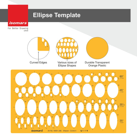 Isomars Ellipse Drafting Template (Art 18091) – 69 Ellipses in 25°, 35°, 45° & 60°, Precision Drawing Stencil for Engineering, Architecture & Technical Design - Isomars