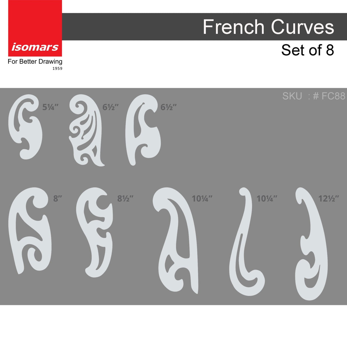 Isomars French Curves - Set of 8 - Drawing Drafting Template Stencil - Isomars