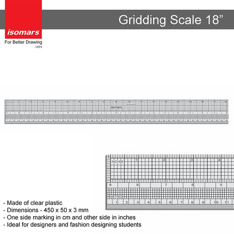 Isomars Gridding Ruler Scale 18 Inch | Transparent Measuring Tool for Pattern Making, Tailoring, Garment Design & Drafting - Isomars
