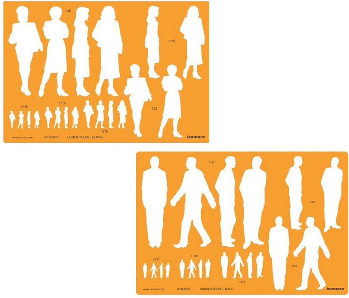 Isomars Human Figure Male & Female Template Combo, Multi Scale Architectural People Stencil Set with 40 Human Silhouettes in 1:20, 1:25, 1:100, 1:125 & 1:175 for Architecture, Interior Design, Urban Planning & Blueprint Rendering - Isomars