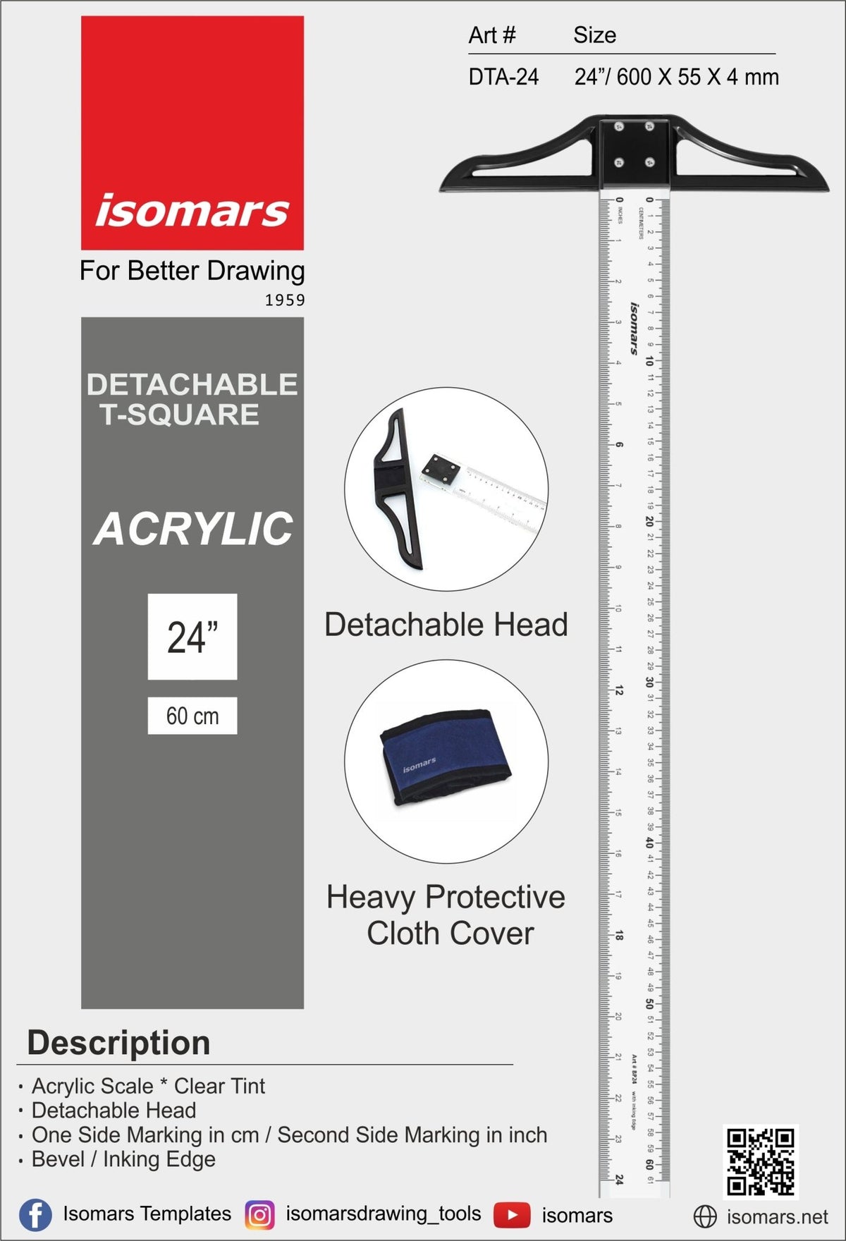 Isomars T Square – 24 Inch Detachable Scale for Technical Drawing, Drafting & Engineering | Comes with Detachable Head for Precision and Portability - Isomars