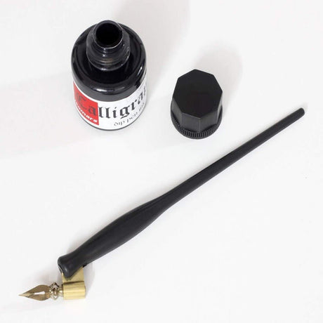Oblique Dip Pen Holder Set: Brass Flange, Flex Dip Nib, and Black Ink (35ml) - Isomars