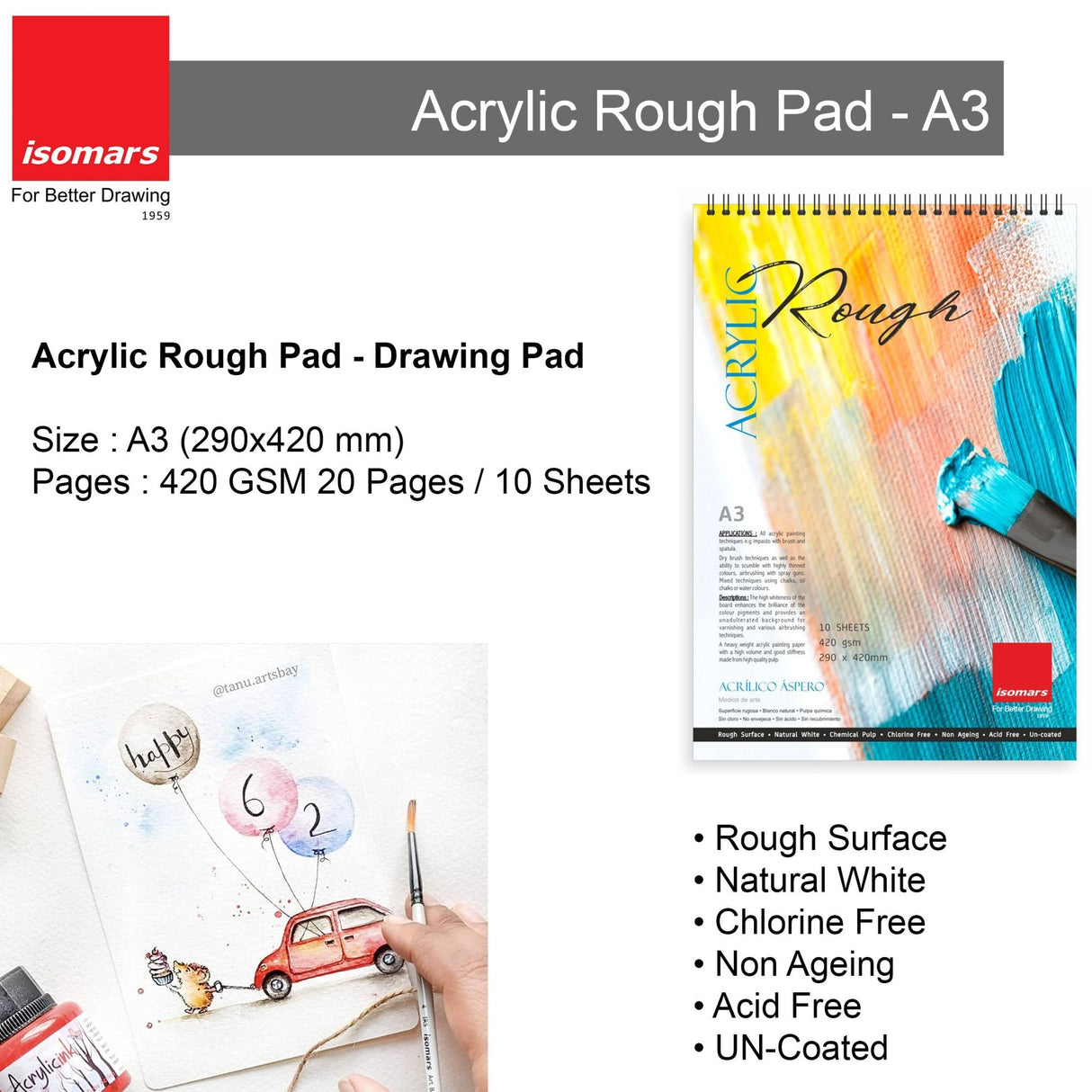 Professional Acrylic Painting Drawing Kit | Acrylic Pad, Square Colour Palette, Acrylic Ink Collection & Brush Set - Isomars