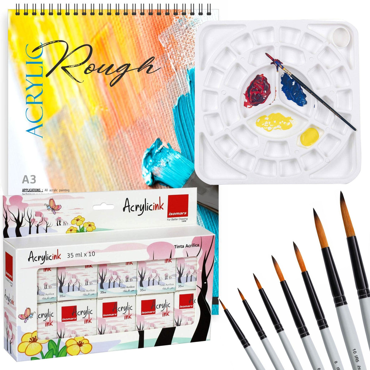 Professional Acrylic Painting Drawing Kit | Acrylic Pad, Square Colour Palette, Acrylic Ink Collection & Brush Set - Isomars