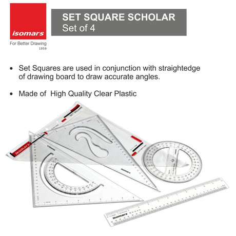 Set Squares Set of 4 | Geometry Box with Ruler & 360° Protractor | Drafting Tools Kit for Students, Engineering & Drawing - Isomars