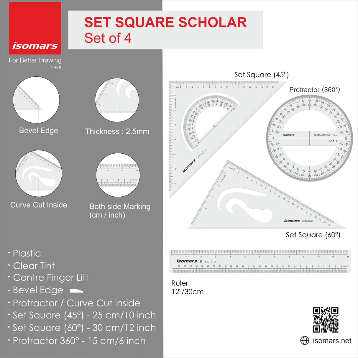 Set Squares Set of 4 | Geometry Box with Ruler & 360° Protractor | Drafting Tools Kit for Students, Engineering & Drawing - Isomars