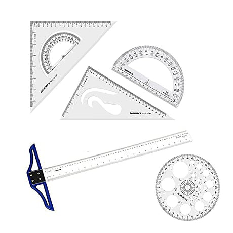 Technical Drawing Combo- 10x12 Inches Set Square, Pro Circle, 24 Inches T-Square, & Protractor - Isomars