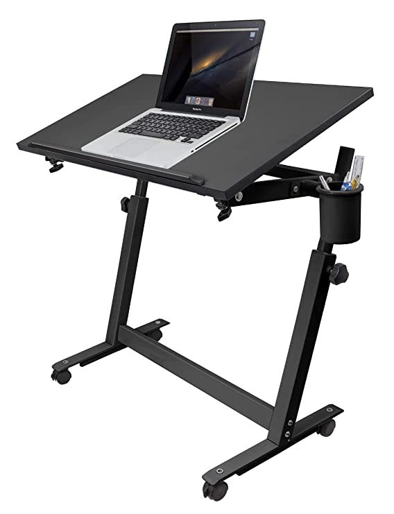 Isomars Multipurpose Laptop Table Study Desk Drawing Table, Caster Lockable Wheels, Adjustable Height and Angle for Work from Home, Office, Bedroom - Black (Alloy Steel)